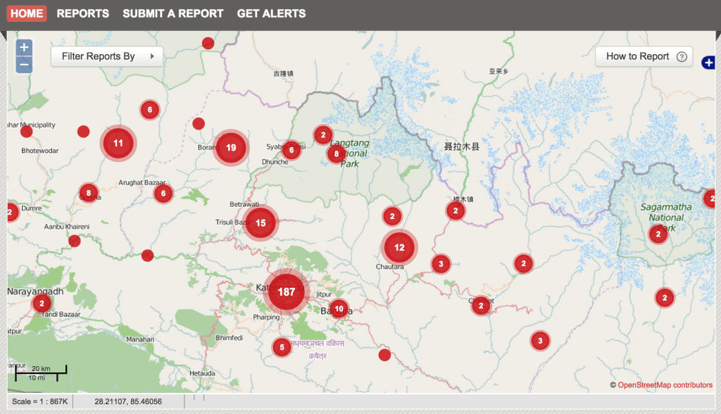 Quake Map Reports. Reports are coming in from affected areas far outside Kathmandu.
